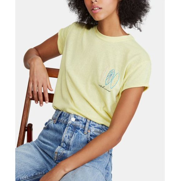Free People Tops - NWOT Free People Wipeout Short Sleeve Embroidered Surf Catch Waves Lime Large